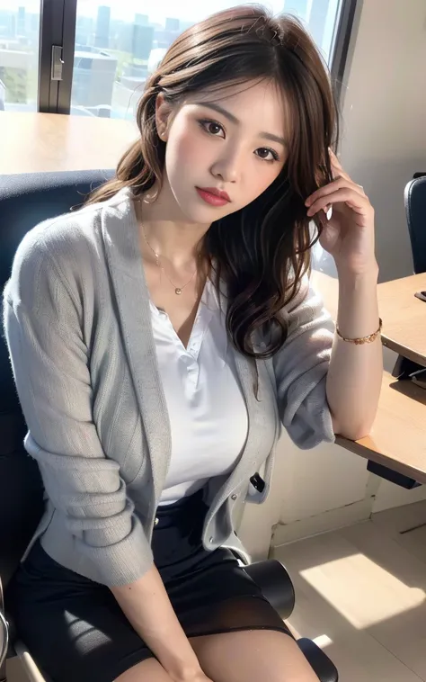 (( best quality, 8k, masterpiece, portrait: 1.3)), ( watch viewers), photorealistic,  sharp concentration,  glare,  beautiful Japanese office lady,  gray blazer,  white t-shirts, Large bust clothes, Age 35,  wavy hair standing in front of the garden, ((dou...