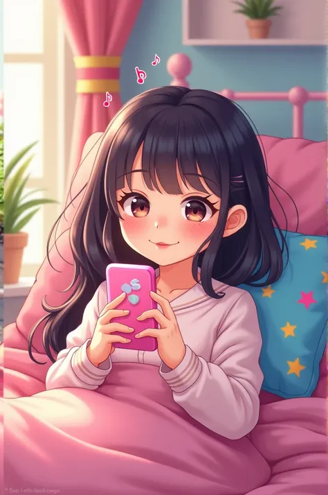 a student waking up with her phone on her hands watching KPOP on tiktok. make it cute cartoon 