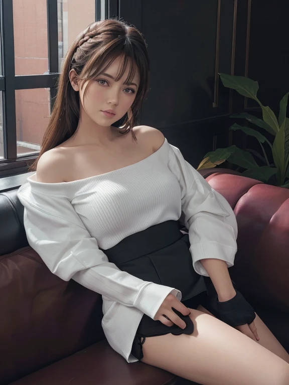 Mature mature 49 years old 、1 person、Hairstyle middle hair permanent、 tired look、Sit sloppily and deeply on the black sofa and spread your legs 140 degrees to ↔ ， high leg with burgundy stocking fabric from between the left and right thighsＴBack panties ar...