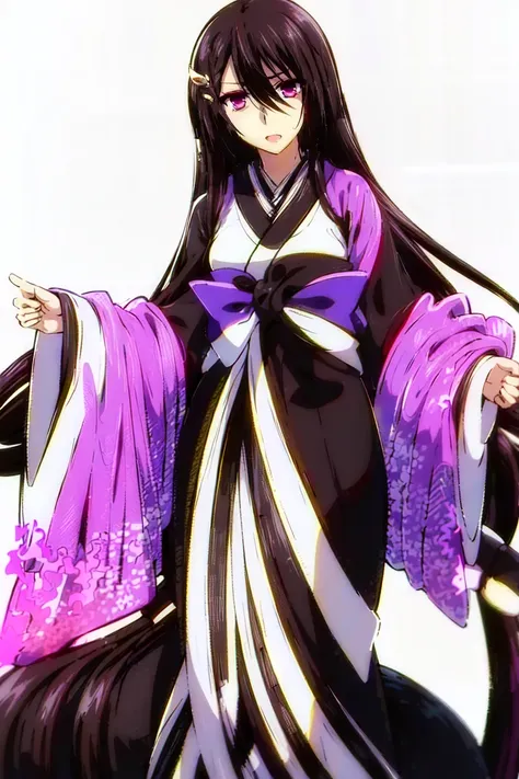 (masterpiece, best quality:1.2), 1girl, solo, purple eyes, black hair, long hair, hair between eyes, (((only black kimono:1.2))), long obi(white bow with long ascot), elbow cloth, hair pin, parted bangs, full body clothed, straight hair, shiny hair, fair s...