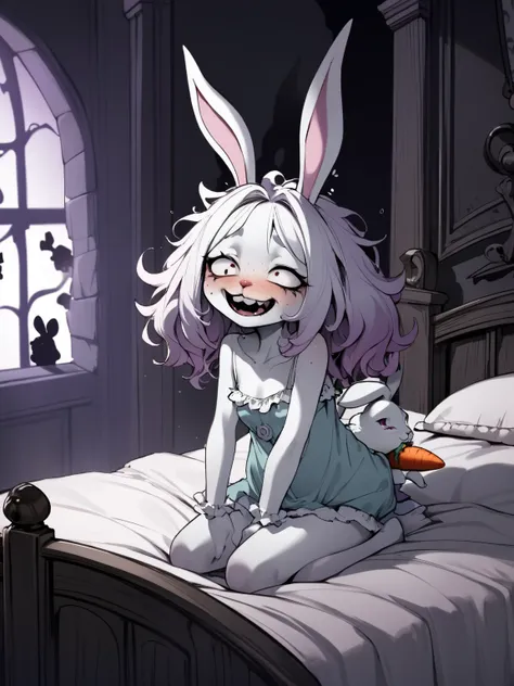 sweetie nymph、furry rabbit like , Tim Burton's style、 darkness、 white skin , (kawaii:0.3), ugly face , ugly loose body , (Freckles:0.9) , dull Fluttery clothes , shy geek , orgasm , coquettish , erotica , in the Spooky Mansion , bed , carrot like dildo , s...