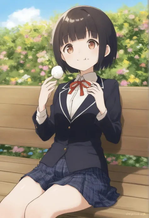 very awa, masterpiece, best quality, newest,  highres, absurdres、 1 、 short hair、Girl with shiny black hair 、Beautiful brown eyes、 very small breasts、 Slender legs、 school uniform 、 black blazer、 navy blue mini skirt、garden、gardenのベンチ、Girl sitting on bench...