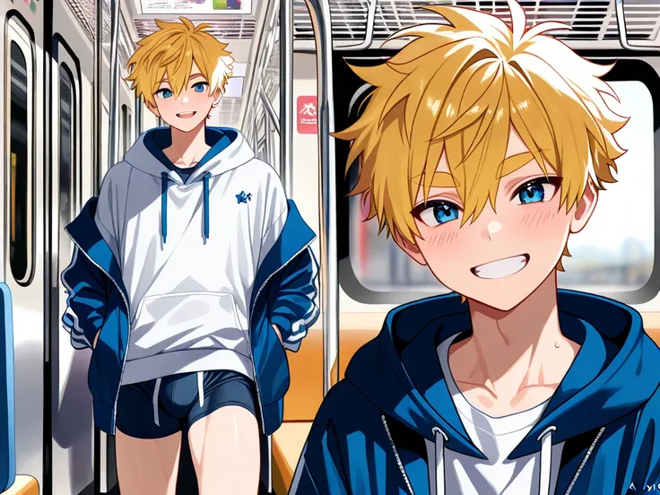 Showing boxer briefs、1boy ,  male focus in Iwakage,  male middle school student、 smiling expression、Blonde、 thick eyebrows、 wearing a hoodie 、Short Hair、, (masterpiece), ( best quality), ( more details),  very aesthetic ,  illustration of a train, Moist Sk...