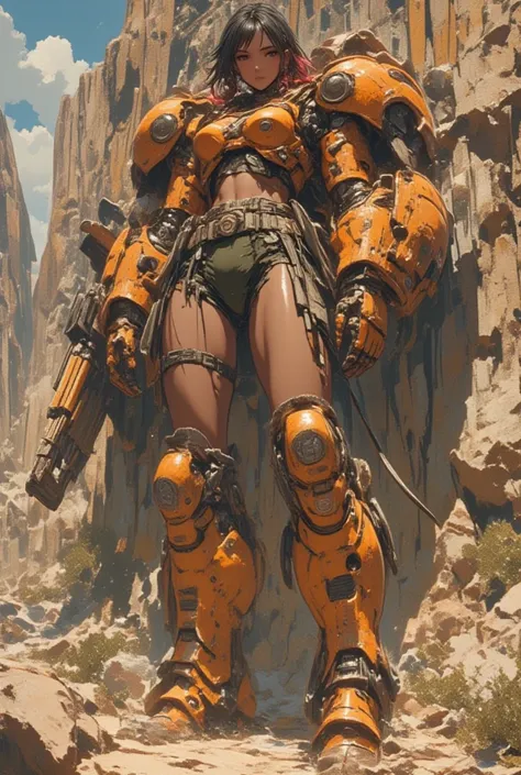 a full body image of pretty woman getting undressed. She has short black dreadlocks, her long red hair pulled back, she has dark skin, wide hips and thick thighs. she is wearing a (heavy orange mechanical armor:1.3), chipped paint (orange power armor cover...