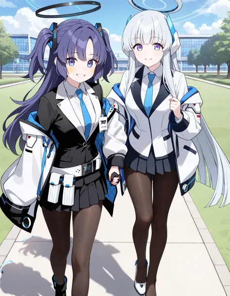 best quality, masterpiece, hd, 2 girls, 2 girl standing each other, walking, standing, outdoor, park, holding hands, ((ushio noa, noa (blue archive), blue archive, 2d  smile, teeth, solo, standing,  blue necktie, white shirt, off shoulder, white jacket, op...