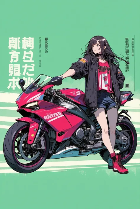 A young Asian woman, positioned slightly left of center, is leaning against a vibrant pink motorcycle.  She is in her late s or early twenties.  She has long, straight, black hair and is wearing sunglasses. Her expression is confident and focused. She is w...