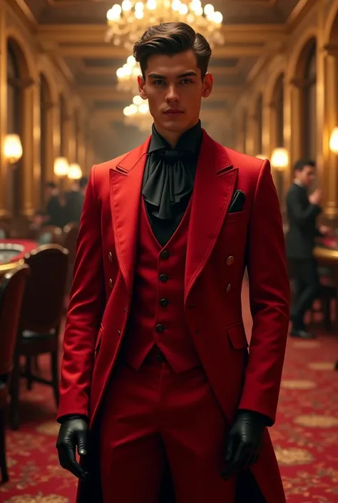 Victorian red suit with black details,  Casino background ,  Young man 