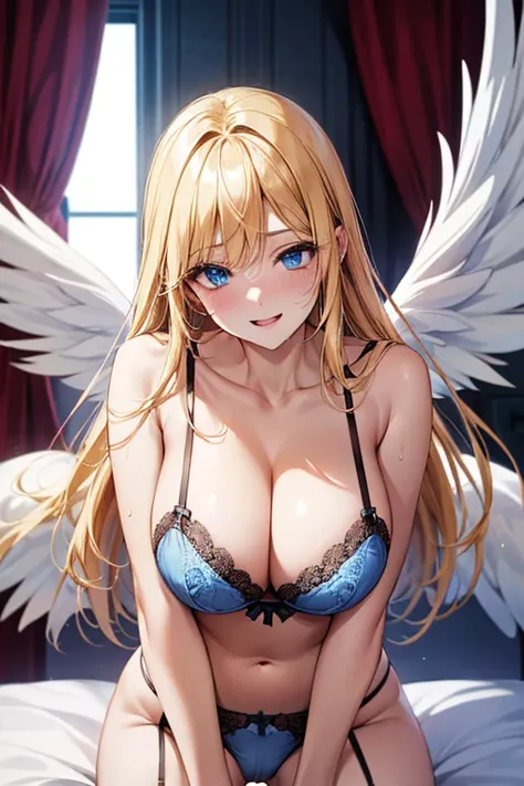 (((hotel spa))), angewomon,Blonde Hair, blue eyes, laugh,masterpiece, best quality, in detail,cute (big breasts), (split), whole body, ((white multiple angel wings)), Best image quality、masterpiece、8k、Anime Face、A kind smile、 beautiful body 、Cowboy Shot,se...