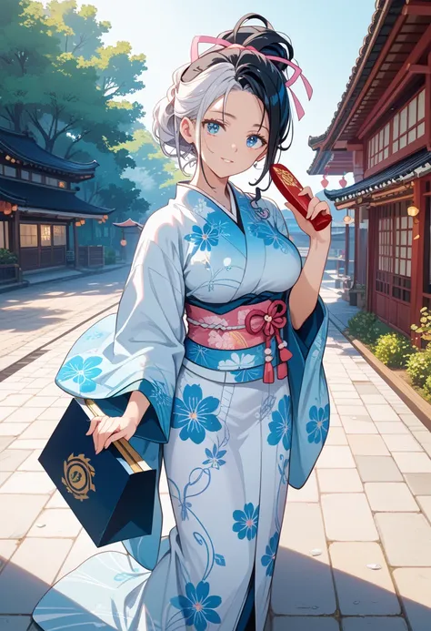 (score_9, score_8_up, score_7_up, score_6_up:1.1), BREAK1girl,solo,whitebackground,yukino chitose(hitou meguri kakureyu),black hair, updo hairstyle,blue eyes,large breasts,light pink rouge,japanese clothes,kimono,light blue kimono,white hair ribbon,tabi UH...