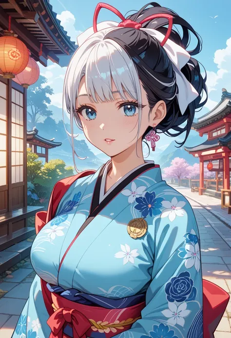 (score_9, score_8_up, score_7_up, score_6_up:1.1), BREAK1girl,solo,whitebackground,yukino chitose(hitou meguri kakureyu),black hair, updo hairstyle,blue eyes,large breasts,light pink rouge,japanese clothes,kimono,light blue kimono,white hair ribbon,tabi UH...