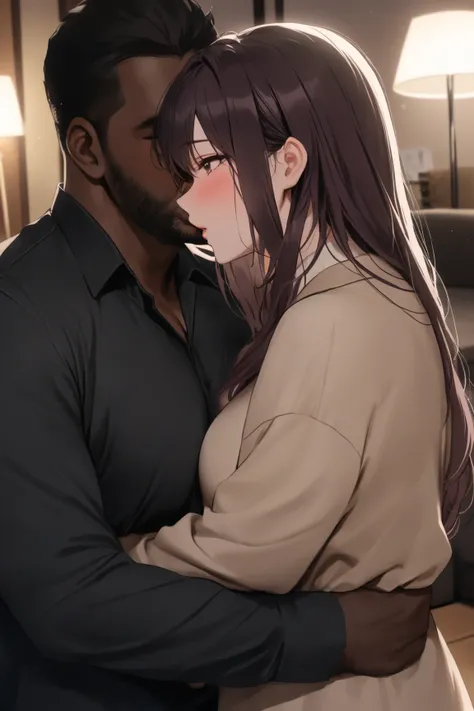 top quality, masterpiece,  high resolution, 8k, 1 girl 1 boy  , The right move, (((bust shot))),  maroon droopy , ((( semi-long dark hair ))), Busty Wife, (((Casual, light-dressed men and women hug each other))), deep kiss, Living room at night, Living roo...