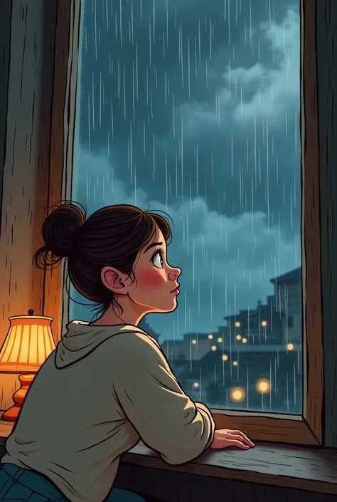 Create a cartoon image of a woman with a chubby face with her hair tied in a bun on her back leaning against a window looking out, watching a storm.