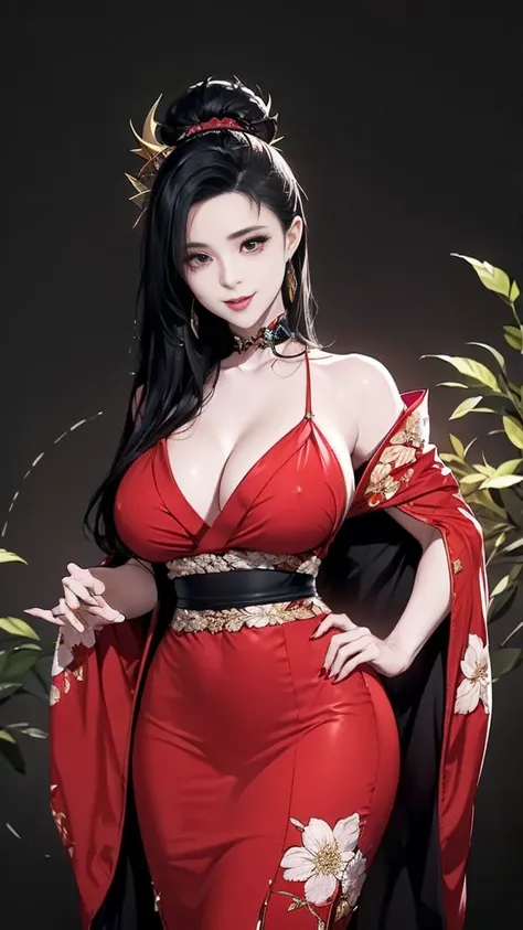 (best quality:2.0),(extremely detailed:2.0),(highly detailed:2.0),(Kijo Yasha,a captivating oni (demon) and mother of Suzuka,exudes an aura of authority and sensuality),(Her youthful appearance defies her status as a mother,and her demonic beauty is matche...