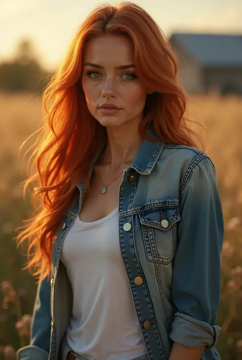 " a hot afternoon , we see a beautiful woman with an expression of seduction. She has long red hair and is wearing a jeans jacket over a white t-shirt. blurred background. A farm