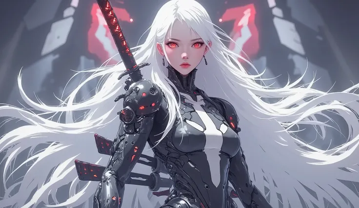 AI woman in a cyberpunk suit, very tall, with thick thighs, wide hips, long legs, and a slender waist. Dark red glowing eyes, long flowing white hair. Two large katanas hanging at her waist behind and one katana in her hand. Alluring, looking directly at t...