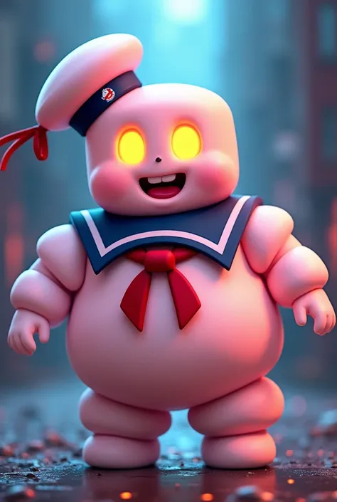 staypuft marshmellow man, ghosterbusters, pink skin, glowing yellow eyes, ((cartoony art style))