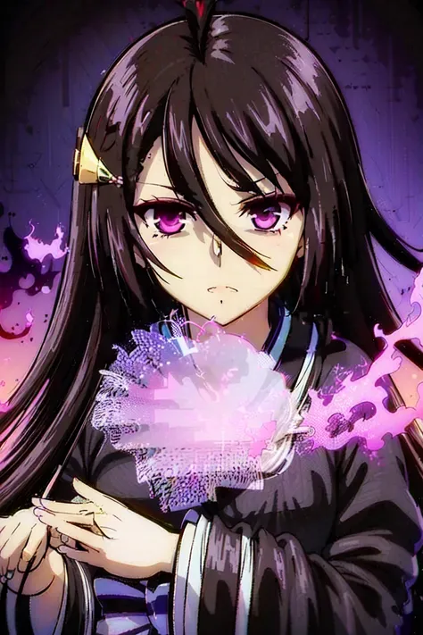 (masterpiece, best quality:1.2), 1girl, solo, purple eyes, black hair, long hair, hair between eyes, (((only black kimono))), long obi(bow with long ascot), elbow cloth, hair pin, parted bangs, full body clothed, straight hair, shiny hair, fair skin, hyper...