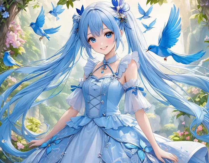    light blue long hair、   beautiful twin tail girl 、smile、The blue bird of happiness is flying、Fairyland、 fantasy world 、