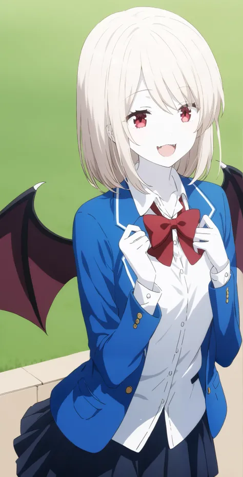  score_9,  score_8_ up,  score_7_ up,  source_Anime,  high definition , Anna,  1 girl in the best, Alone,  school uniform ,  red eyes,  jacket ,  shirt, bow, white  shirt, blue  jacket , collared  shirt,  blazer, red bow,  medium hair , bowtie, bangs, Pure...