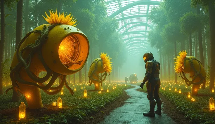 (photorealism:1.2), psychotic image of an utopian futuristic farm growing sunflower-creatures with tentacle vines and thorny teeth and glowing pale yellow power growing in an ordered fashion, there is a special futuristic dome cage of sunflower-creatures t...