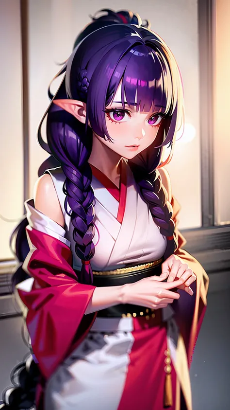 1 girl,  blunt bangs , Braid, mangas anchas,  hair ornaments ,  Japanese clothing , red obi  , ( Purple hair:1.2),  very long hair,  Straight hair,   look at the spectator ,  highly detailed background , ( realistic photography:1.2),  Detailed eyes,  Red e...