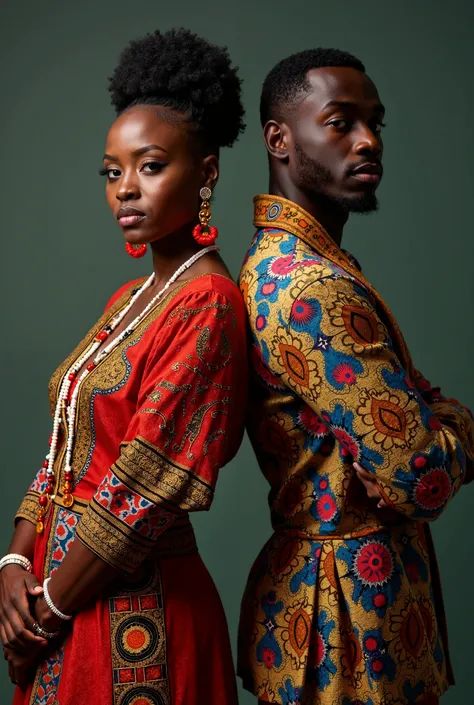 woman model in traditional nigerian attire, man in a traditional nigerian attire standing beside, back to back, dramatic pose for a magazine cover