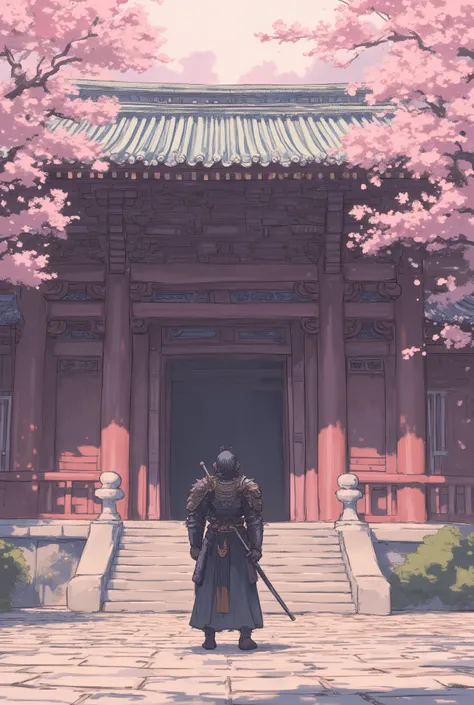 ancient temple with a cherry tree and a warrior