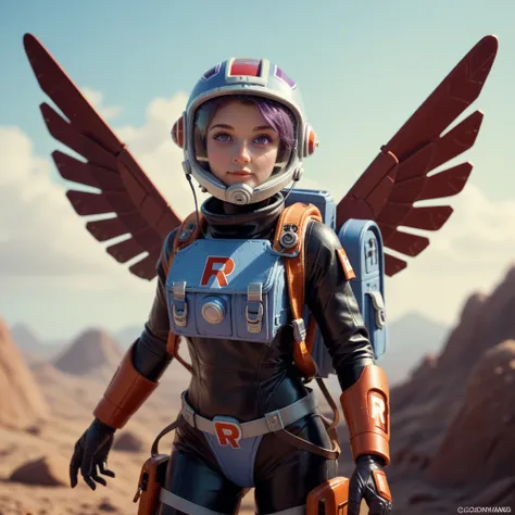 A gorgeous cyborg (cute, bubble helmet, violet sexy armor, violet eyes, rocket boots, rocket backpack and wings, big sci fi gun) striking a heroic pose as she flies through space stopping alien invaders
