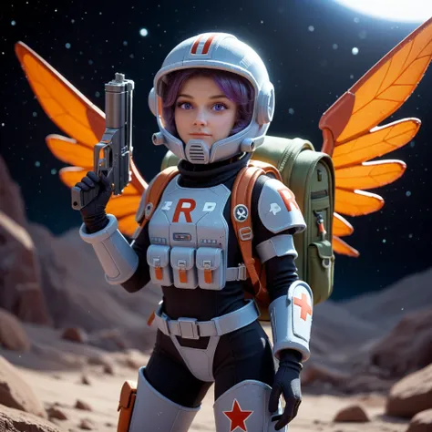 A gorgeous cyborg (cute, bubble helmet, violet sexy armor, violet eyes, rocket boots, rocket backpack and wings, big sci fi gun) striking a heroic pose as she flies through space stopping alien invaders
