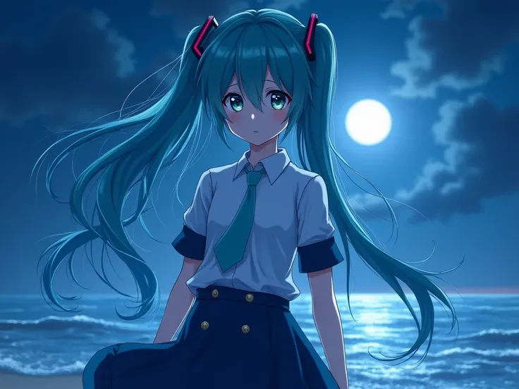   Hatsune Miku in wearing a white shirt with buttons and short sleeves, Dark Blue Skirt,   on a beach and with a night sky and the rising moon , rough sea,   long hair , sad face, ((((    of high quality  ,    the most beautiful and of the best quality And...