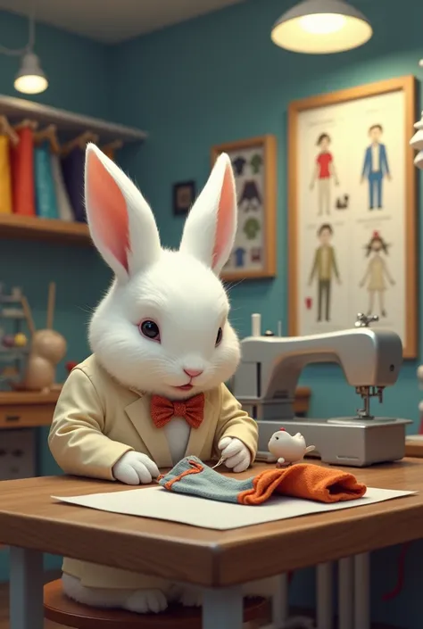  A white rabbit with soft fur wearing a small cream-colored suit and a bow tie,  sat in a modern sewing studio .  On the wall of the studio was a design board containing sketches of old clothes to be repaired .  An electric sewing machine was on the table ...