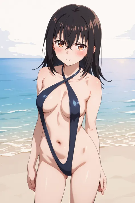 masterpiece,best quality,{{detailed beautiful face and eyes}}, very detailed background,
Himeragi Yukina,{{{megami magazine}}},middle hair,black hair,hair between eyes,brown eyes,medium breasts,
((black swimsuit high leg swimsuit,slingshot swimsuit,criss-c...