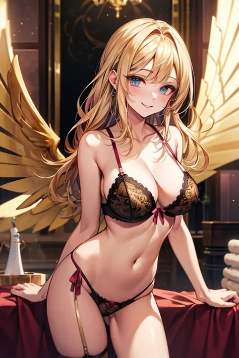 (((hotel spa))), ophanimon,Blonde Hair, mint eyes, laugh,masterpiece, best quality, in detail,cute (big breasts), (split), whole body, ((gold multiple angel wings)), Best image quality、masterpiece、8k、Anime Face、A kind smile、 beautiful body 、Cowboy Shot,sex...