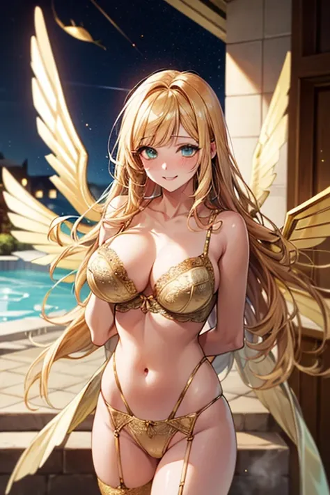 (((hotel spa))), ophanimon,Blonde Hair, mint eyes, laugh,masterpiece, best quality, in detail,cute (big breasts), (split), whole body, ((gold multiple angel wings)), Best image quality、masterpiece、8k、Anime Face、A kind smile、 beautiful body 、Cowboy Shot,sex...