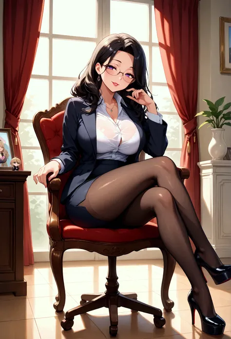 1 mature beautiful and elegant charming woman ,(masterpiece:1.3, top quality :1.3, very detailed depiction:1.3, incredible high resolution:1.3,High quality anime drawings),( office lady with straight black hair,An excellent female secretary,Villainess,Glas...