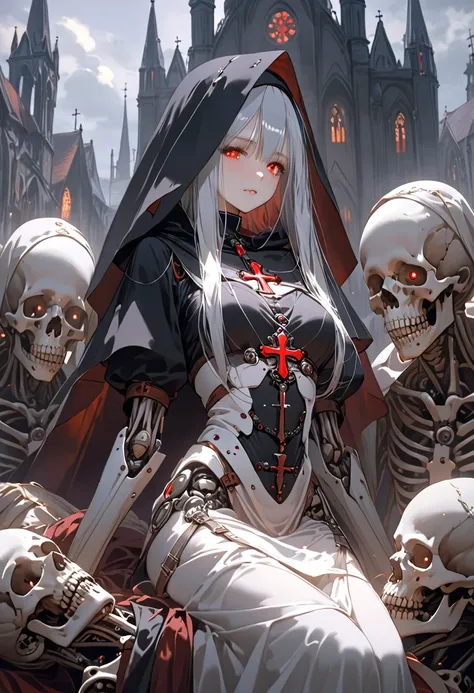 Nun's habit appearance 。Machine Girl。 location is a horror church 。Machine body。 large coffins line up。A huge coffin in the back。 mechanization。Mechanical quadriceps。Red eyes 。 Silver Hair。 Cross 。 horror from a big coffin。black hood。Ghost from the coffin。...