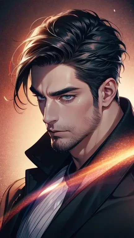 (    best quality,4K,8k,    highres,    masterpiece :1.2),    ultra-detailed    ,(realistic,photorealistic,photo-realistic:1.37),36-year-old man,3 day beard,Beautiful anime,Portraits,strong,Masculine,     with black hair  ,sharp jaw,       mesmerizing eyes...