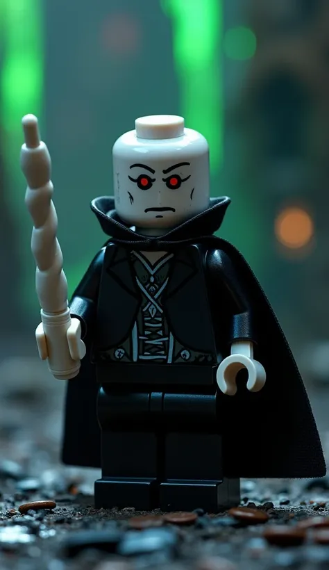  Create an image of a LEGO minifigure inspired by Lord Voldemort ,  the iconic Harry Potter villain :

 Voldemort minifigure :  Pale skin and no nose ,  with piercing red eyes and a cold and threatening expression .  He wears a long black cloak with detail...