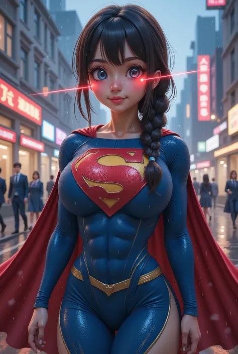 (LASER EMITTING EYES)  FLOWING 2 POWERFULL FOCUSED, RED LASER BEAMS FROM THE CENTER OF HER LASER EYES/PUPILS. FULL VIEW OF A BLUE EYED, CUTE, PETITE KOREAN/CHINESE MATURE SEXY SCHOOL GIRL WEARING A BLUE SUPERMAN SUIT AND RED CAPE. SOAKING WET FROM THE RAIN...