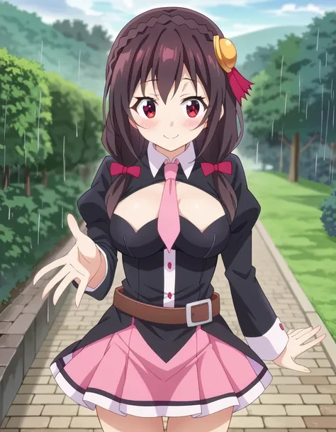  high definition, high quality、 
Yunyun、  black hair,  hair accessories ,  red eyes, ,  braided , crown  braided ,
 skirt ,  thighs,  Long Sleeve,  tie, belt,  Outfit Cutout,  cleavage cutout , pink  tie,
smile、(blush)、Rain、 holding a polka dot umbrella in...