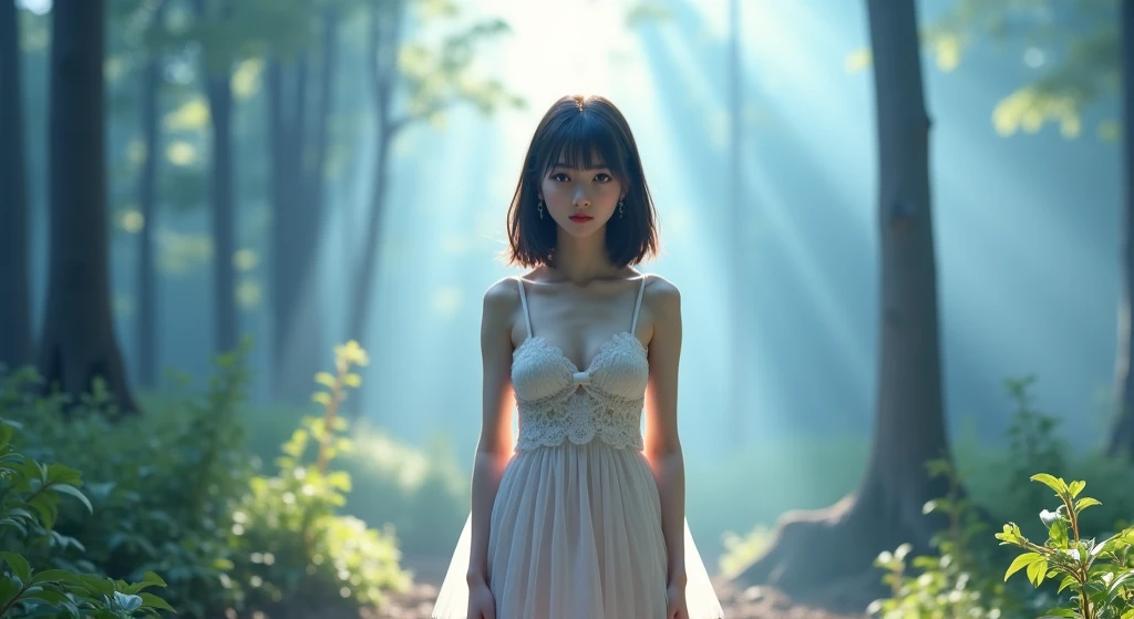  photorealistic， Ultra Fine， best quality， best quality，8k， RAW Photos， very detailed， super high resolution，( very cute japanese girl)，whole body，1 person， facing the front， Early morning forest ，Tied behind ， backlight， white simple micro mini dress ， se...