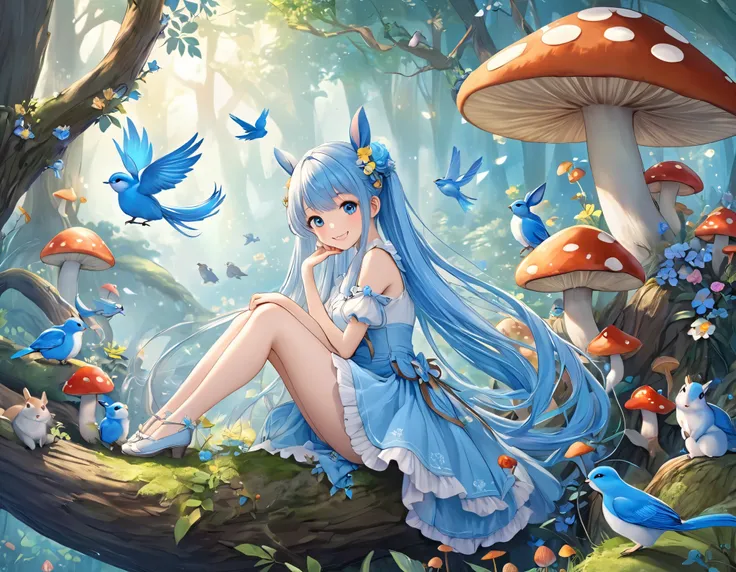    light blue long hair、   beautiful twin tail girl  、smile、 happy blue birds are flying、 fairy tale forest 、Mushrooms and squirrels 、 rabbits are watching over the girl、 fantasy world 、