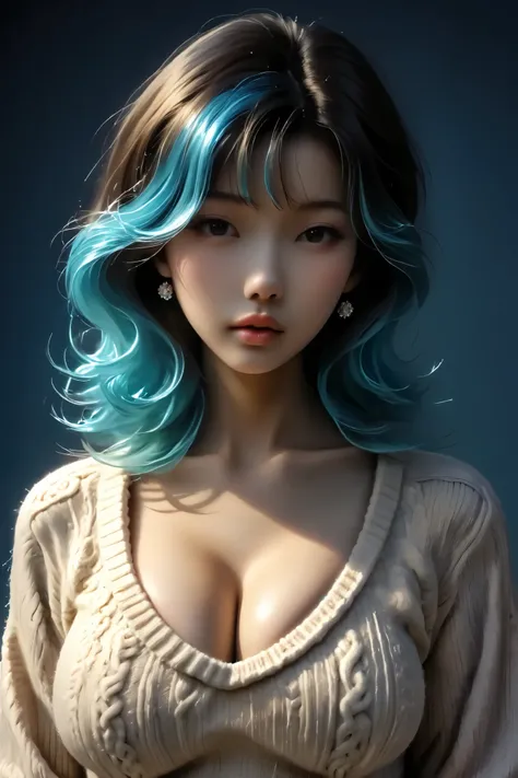 (best quality, sketch:1.2),realistic,illustrator,anime,1 asian girl, young, cleavage, big breasts, detailed lips,sweater,custom,blue gradient background,neon hair,textured cropping, masterpiece, style retro classic,