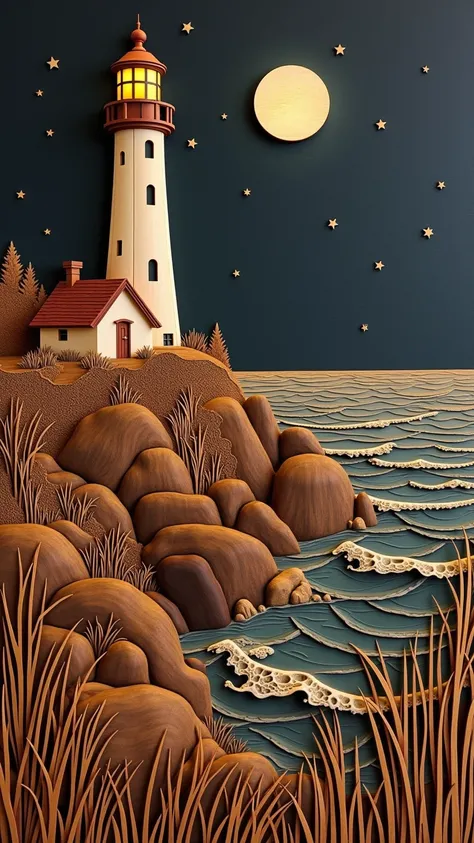 Create a carved wood art scene of a coastal lighthouse at nighttime, using only natural wood tones and textures. The lighthouse stands tall on a rugged shoreline, with a small keeper's house nearby, both illuminated subtly to suggest a warm glow in the dar...