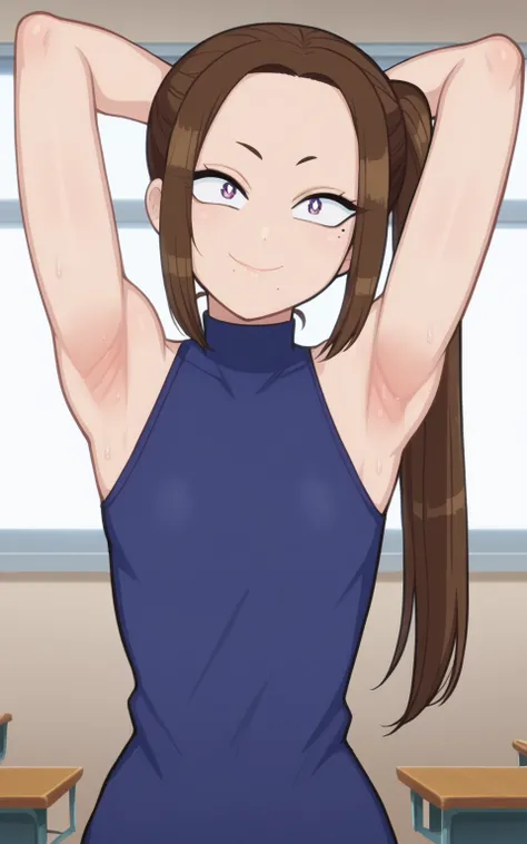 score_9, score_8_up, score_7_up, source_anime, anime screencap, 1girl, solo, nene onemine, little eye pupil, mole under mouth, brown hair, long hair, ponytail, school outfit, sleeveless, small breast, bare shoulders, bare arms, arms behind head, armpits, h...