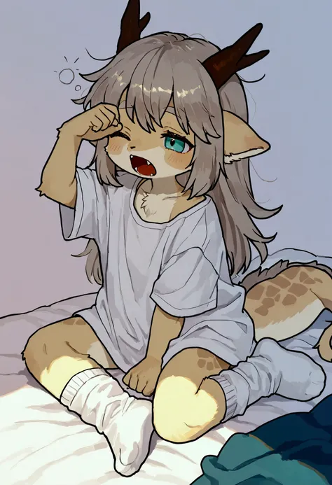 source_ furry， furry male，elementary school students，((girl，Toddler)), (furry, kemono :1.4)，dragon 1girl ,long calf socks，Sitting，Rub your eyes，Morning Sunshine， source_anime, best quality,raised eyebrows， amazing quality, very aesthetic, absurdres, (furry...