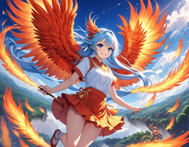  light blue long hair、   beautiful twin tail girl 、smile、There are firebirds in the sky 、Mythical world、 fantasy