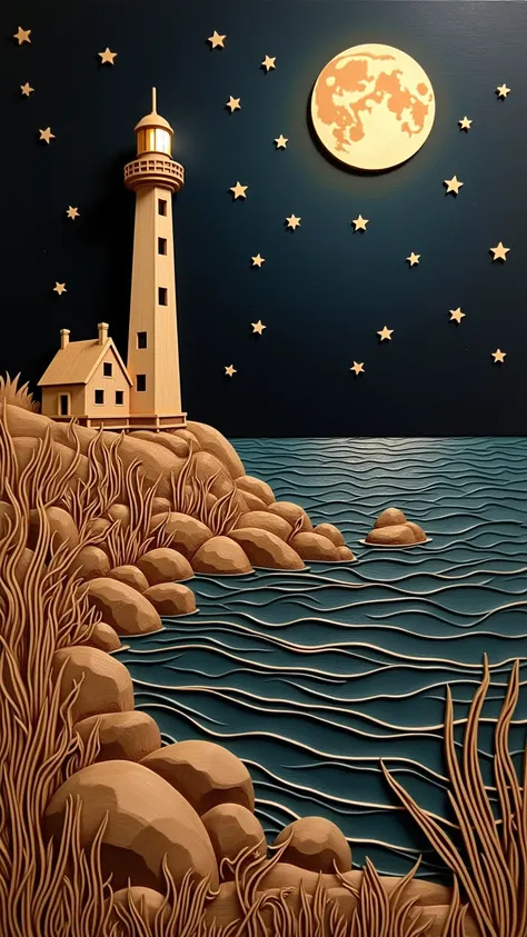 Create a carved wood art scene of a coastal lighthouse at nighttime, using only natural wood tones and textures. The lighthouse stands tall on a rugged shoreline, with a small keeper's house nearby, both illuminated subtly to suggest a warm glow in the dar...