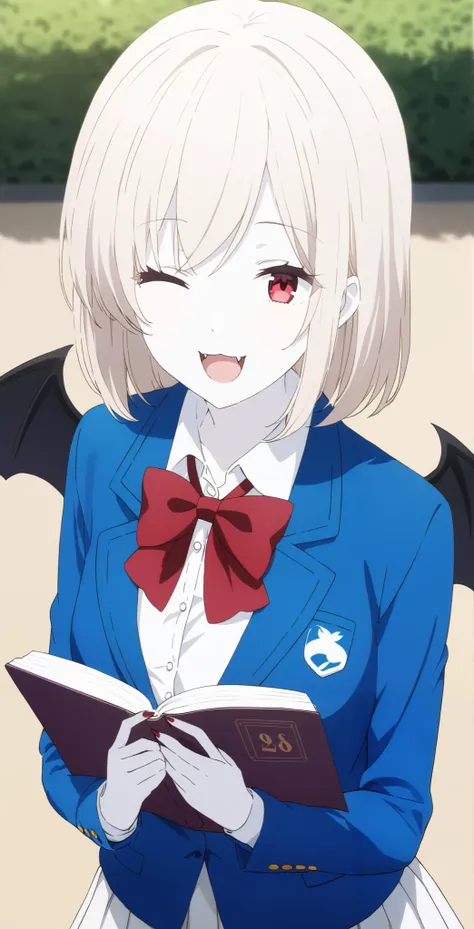  score_9,  score_8_ up,  score_7_ up,  source_Anime,  high definition , Anna,  1 girl in the best, Alone,  school uniform ,  red eyes,  jacket ,  shirt, bow, white  shirt, blue  jacket , collared  shirt,  blazer, red bow,  medium hair , bowtie, bangs, Pure...