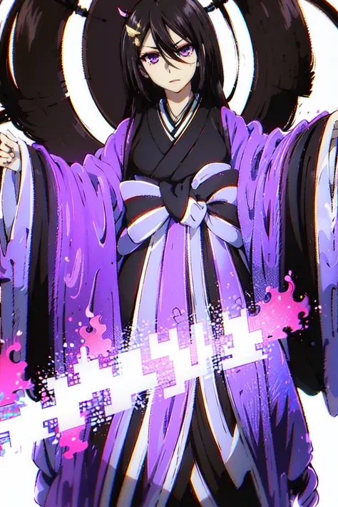 (masterpiece, best quality:1.2), 1girl, solo, purple eyes, black hair, long hair, hair between eyes, (((only black kimono))), long obi(bow with long ascot), elbow cloth, hair pin, parted bangs, full body clothed, straight hair, shiny hair, fair skin, hyper...